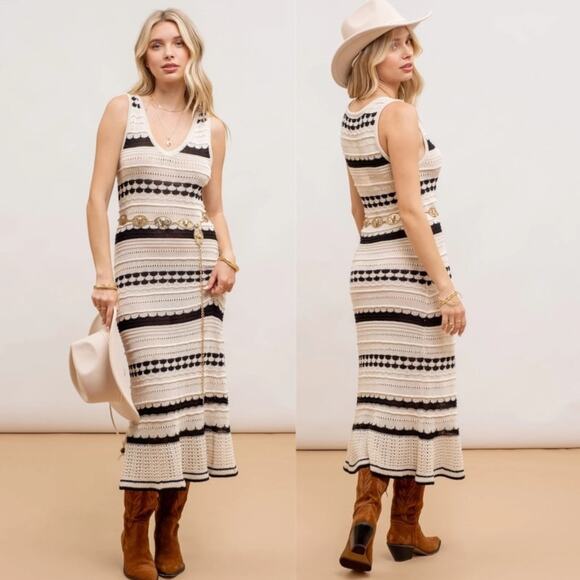 New $249 JOIE Crochet Knit Midi Dress Sleeveless Striped Ivory Coastal Chic M - Picture 2 of 15